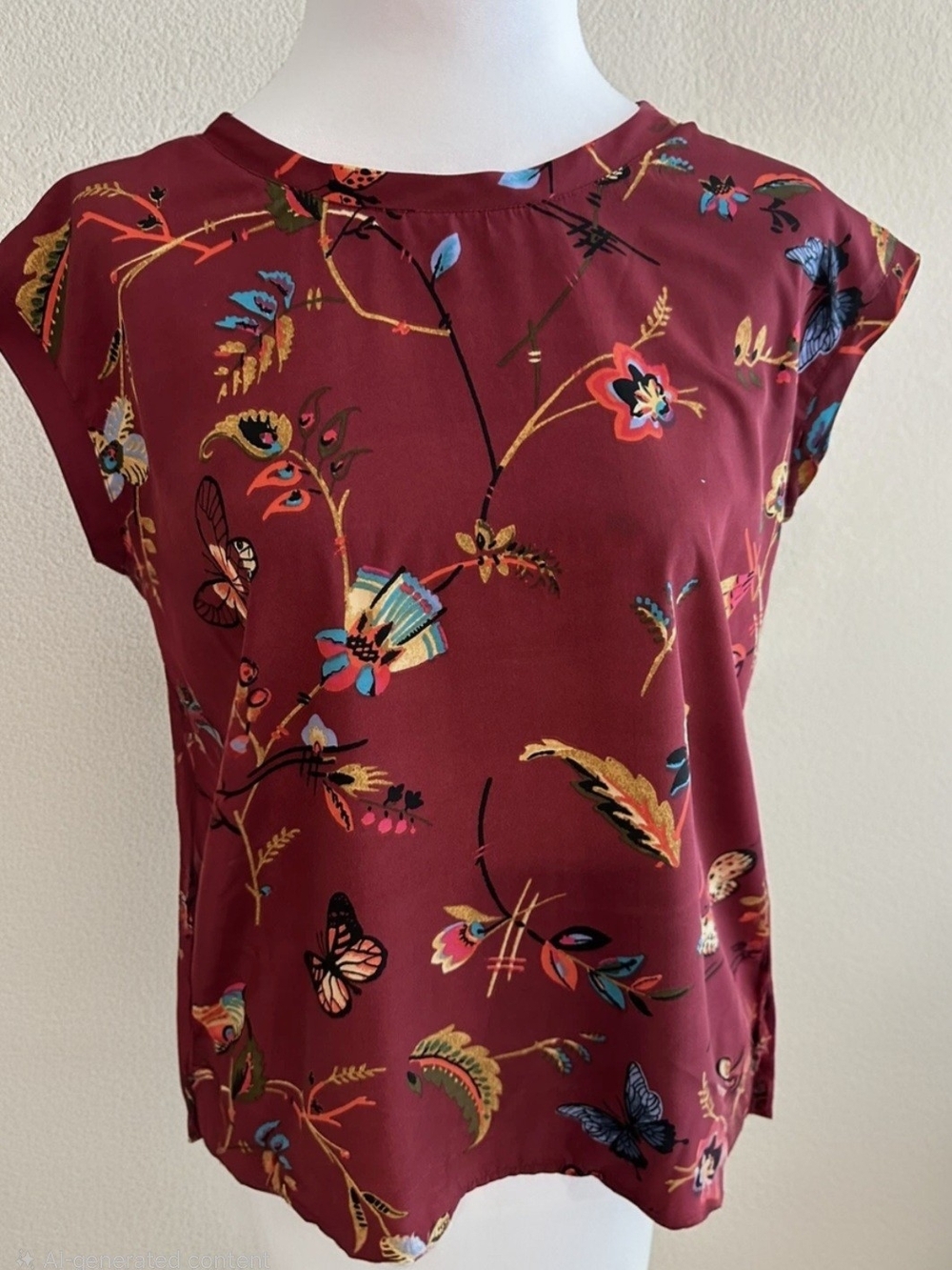 Abercrombie & Fitch Burgundy Floral Butterfly Cap Sleeve Top